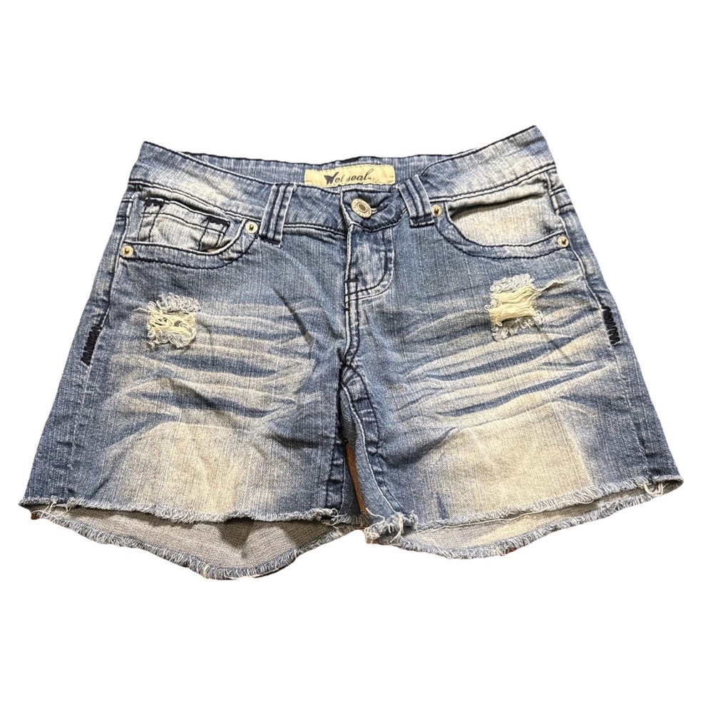 Wet Seal Juniors Size 1 Distressed Denim Shorts Raw Hem‎ Stretch Blue Cutoff